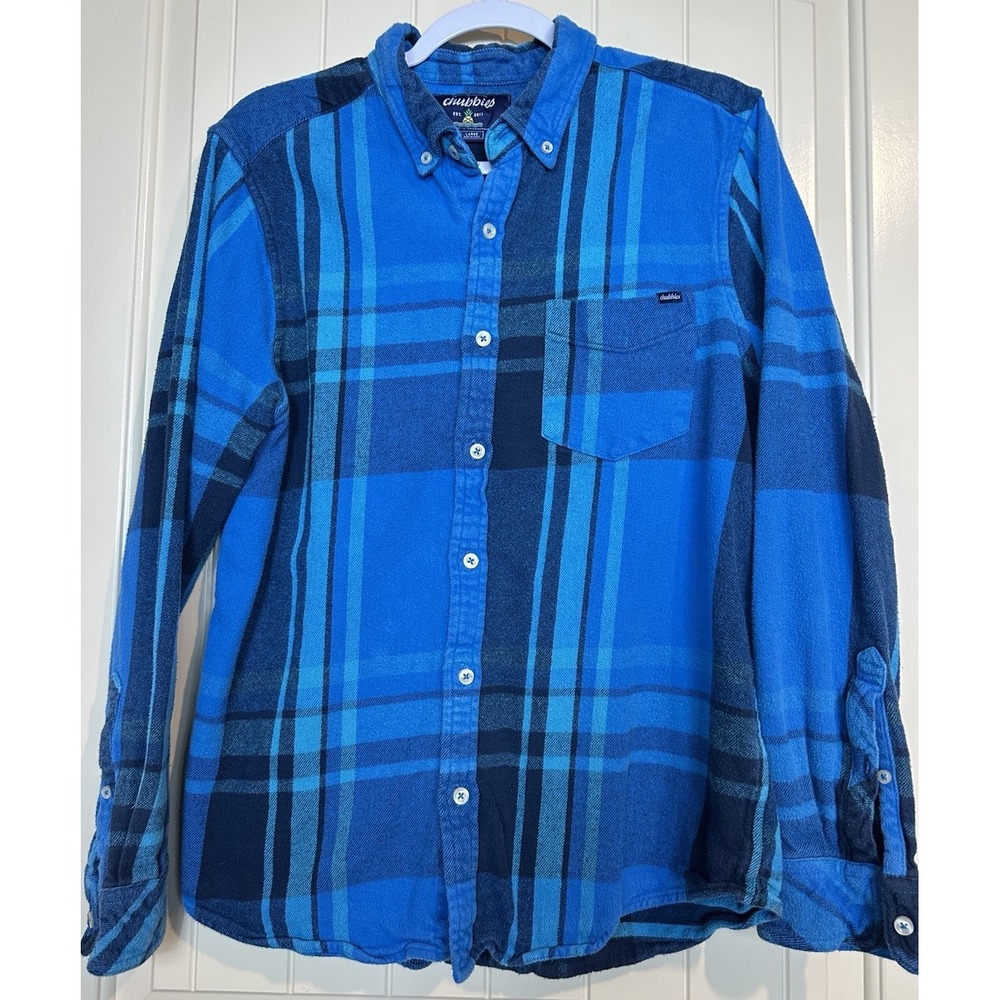 Chubbies Mens L Flannel Shirt Teal Navy Blue Plaid Button Down Stretch Cotton